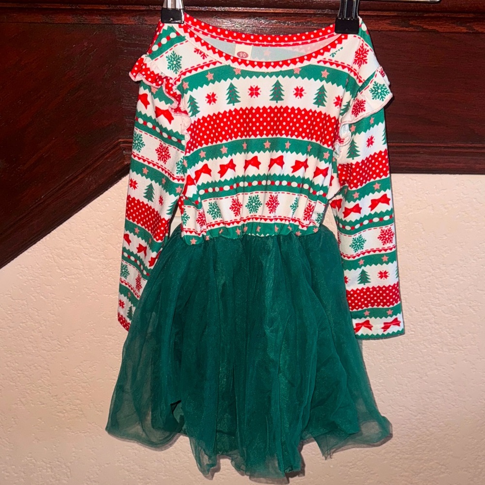 Toddler Festive Holiday Dress with Green Tulle Skirt Christmas Tutu Outfit Xmas